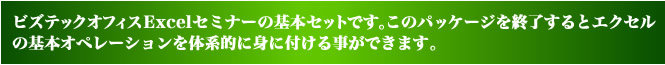 ビズテックオフィスExcelセミナーの基本セットです。このパッケージを終了するとエクセルの基本オペレーションを体系的に身に付ける事ができます。